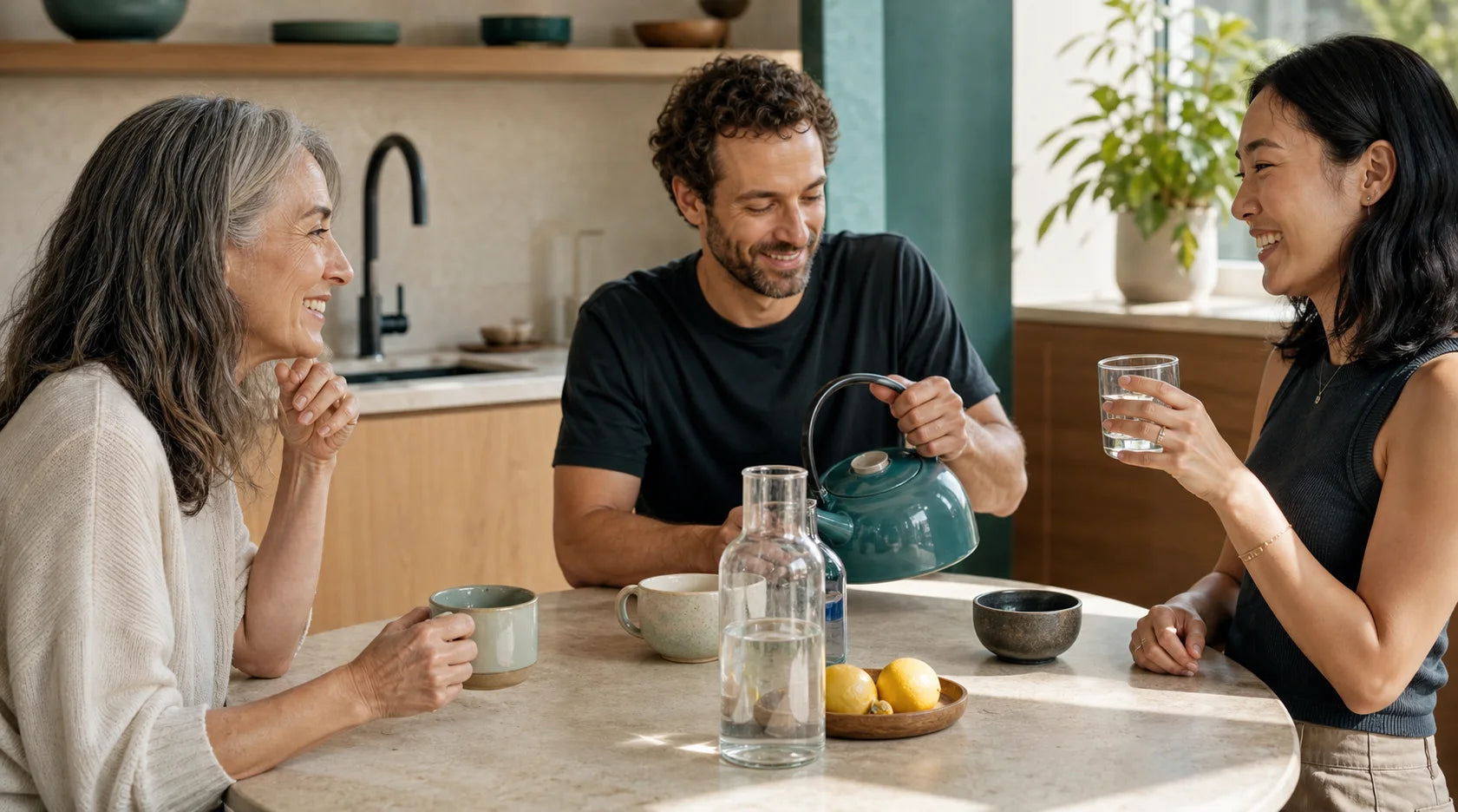 Three adults of different ages sharing tea and water around a sunlit kitchen table