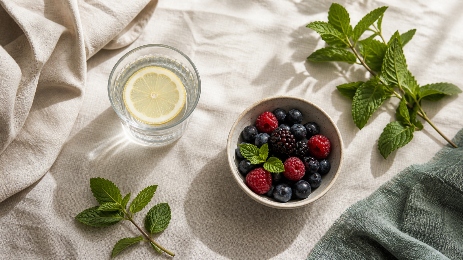 Linen table with lemon water, fresh berries and mint in soft morning light