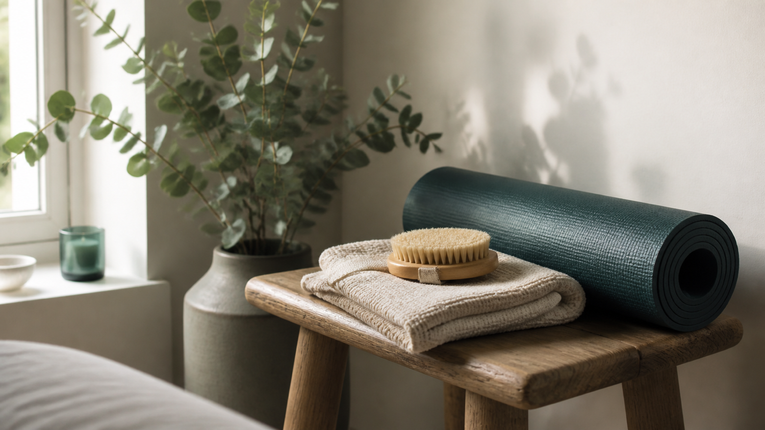 Rolled yoga mat, dry body brush and towel beside a eucalyptus plant