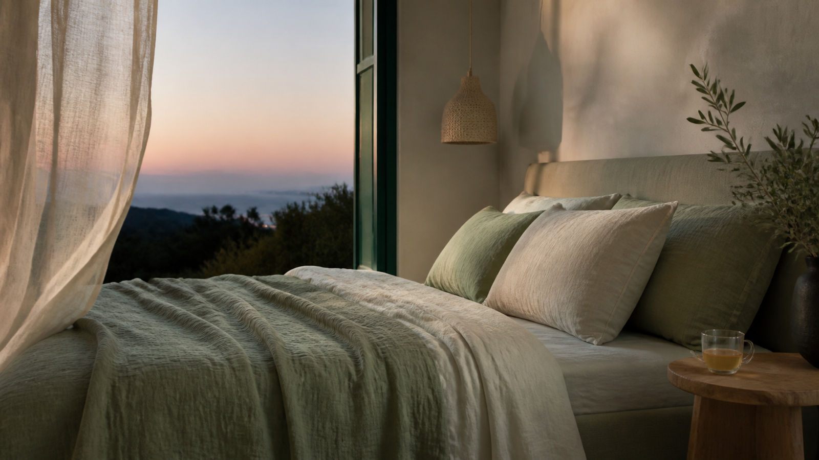 Calm bedroom at dusk with layered sage and cream bedding and herbal tea