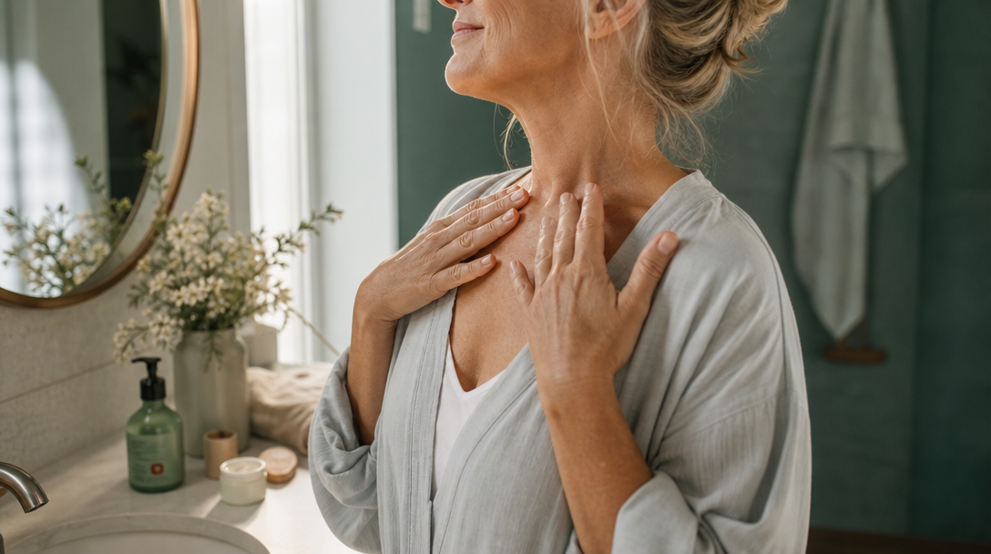 Woman in her 50s gently pressing fingertips near her collarbone in soft morning light, part of a body gua sha lymphatic self-care routine