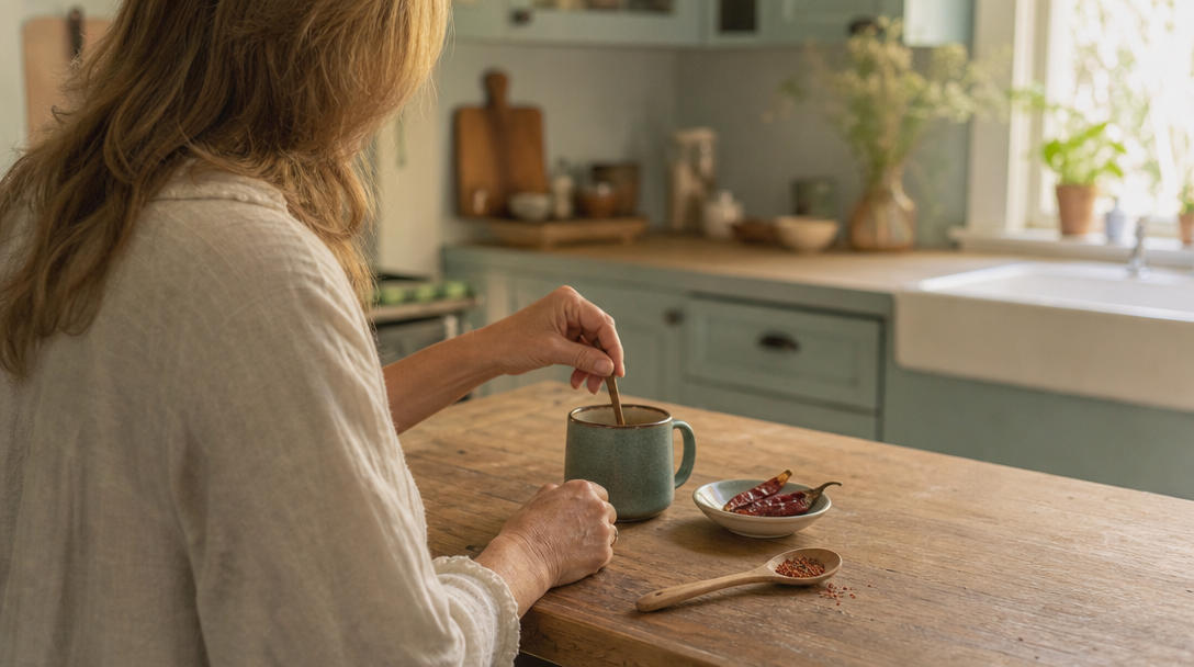 Woman stirring a mug of coffee at a kitchen counter beside a small dish of dried cayenne peppers