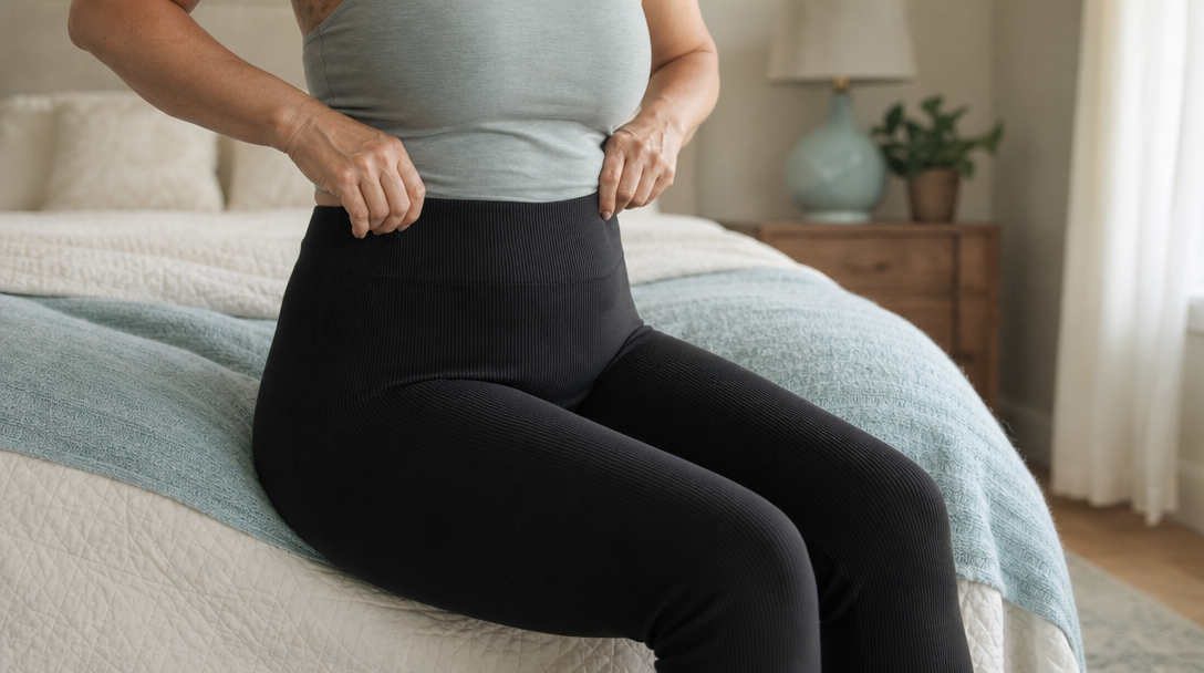 Woman smoothing high-waisted ribbed compression leggings up over her hips while getting dressed in a soft-lit bedroom