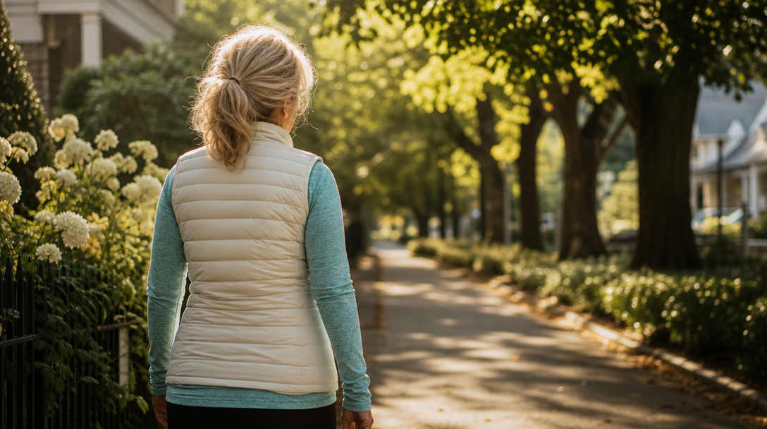A woman walks along a tree-lined path in soft morning light