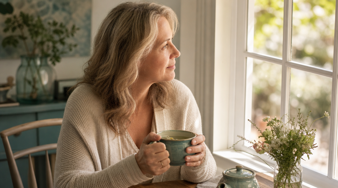 Woman in her 50s sitting by a sunlit window holding a warm mug of herbal tea, a calm morning moment