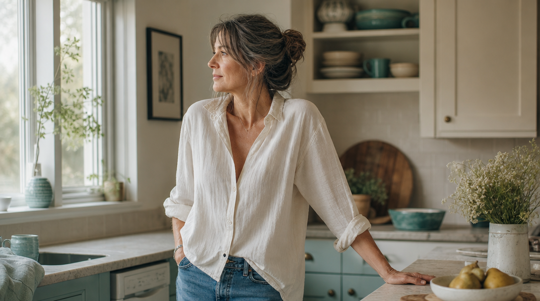 Woman pausing thoughtfully in her kitchen in soft morning light
