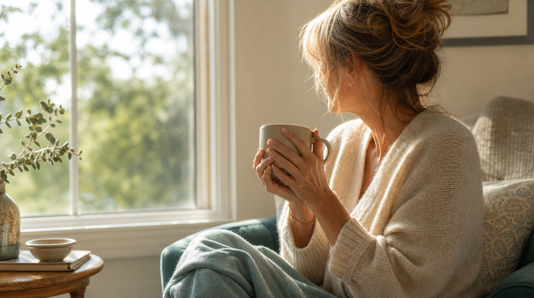 A woman sitting by a sunlit window in the early morning, holding a warm mug, calm and unhurried