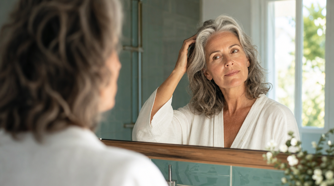 Woman in her fifties examining her hair thoughtfully in a soft-lit bathroom mirror