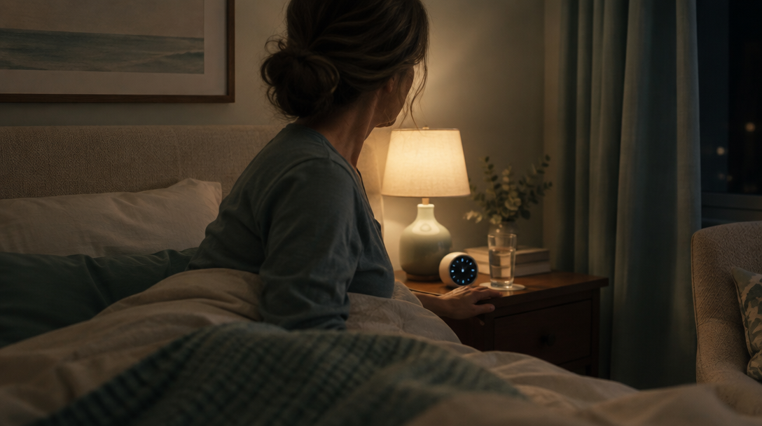 Woman sitting up in bed at night during a menopause insomnia wake-up, soft low bedroom light