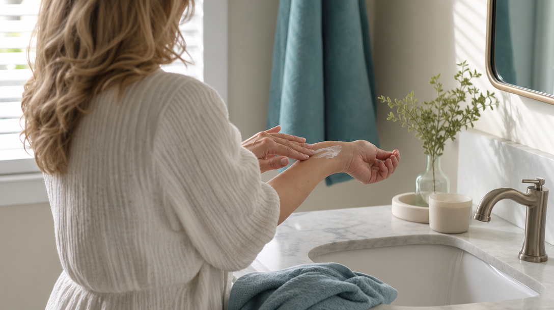 Woman applying fragrance-free moisturizer to her forearm at a bathroom sink in soft morning light
