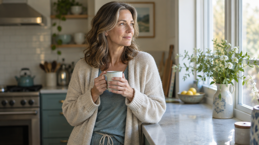A woman in her 50s standing at her kitchen counter in soft morning light, holding a warm mug in both hands