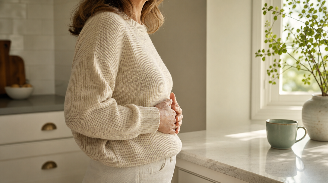 Woman in a soft cream sweater standing comfortably at a sunlit kitchen counter