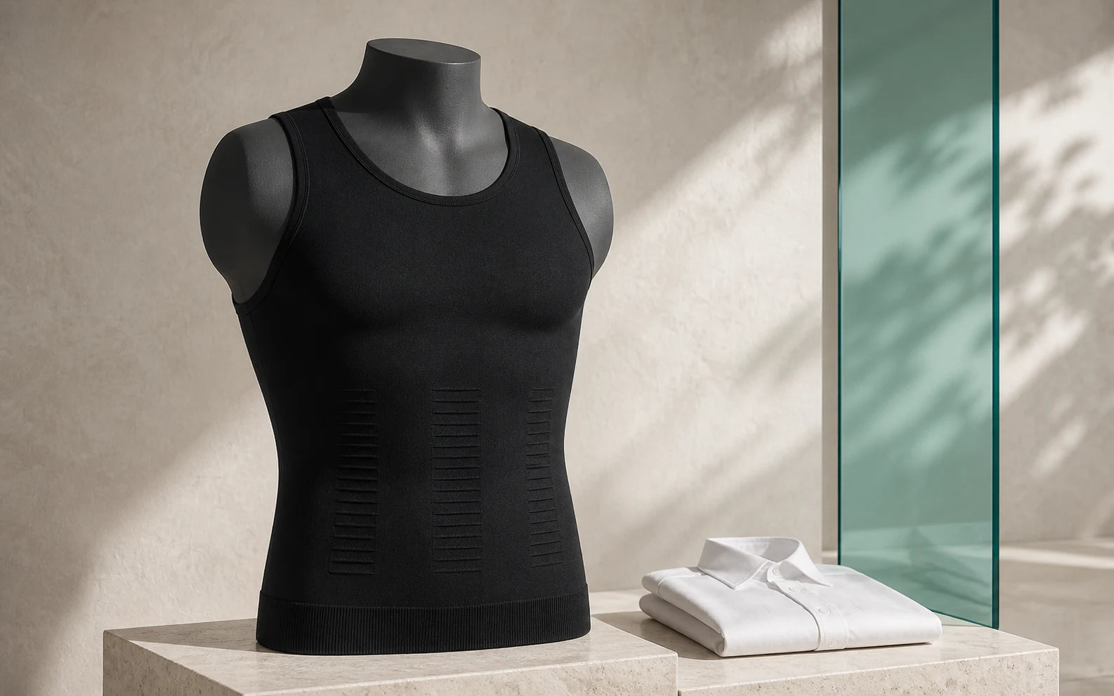 Men's Shapewear collection products arranged in the Aida campaign studio
